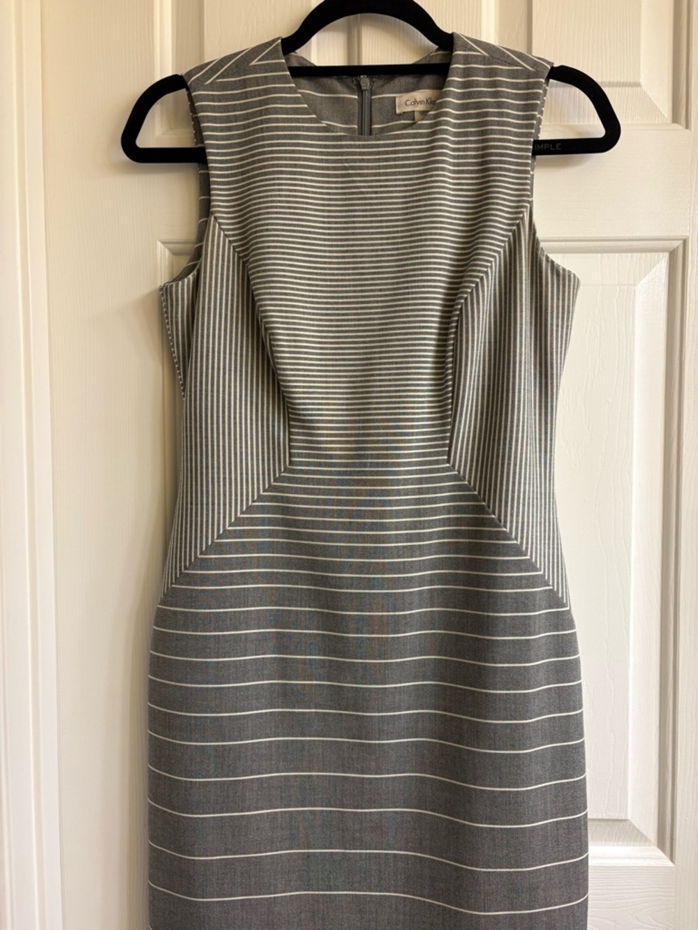 Calvin Klein Gray and White Striped Midi Sheath Dress